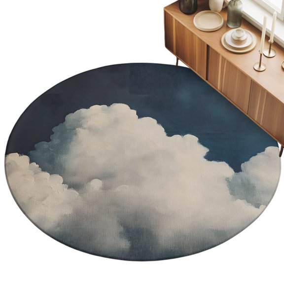 Fluffy Clouds Area Rug, Dark Sky Abstract Nature Non-Slip Felt Rubber Backing Round Indoor Carpet Washable Rugs for Living Room Bedroom 3ft