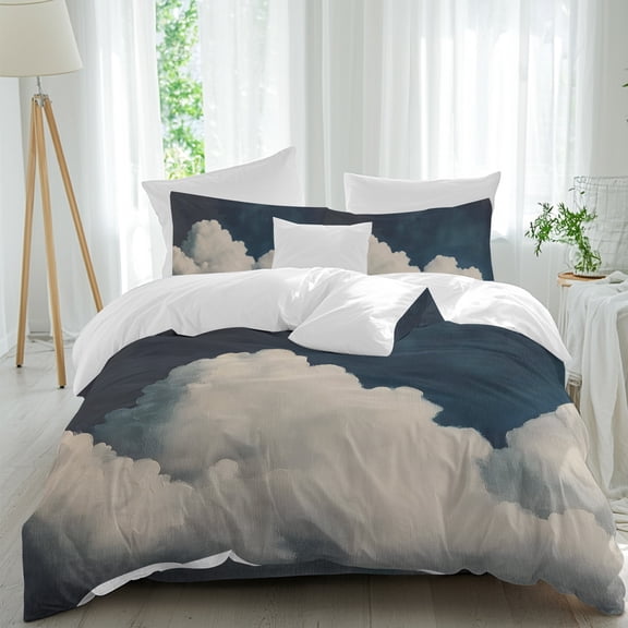 Fluffy Clouds Comforter Set Twin Size, Dark Sky Abstract Nature Soft Bedding Set for Man Woman, 4 Pieces Duvet Cover Set with Fitted Sheet, 2 Pillowcases