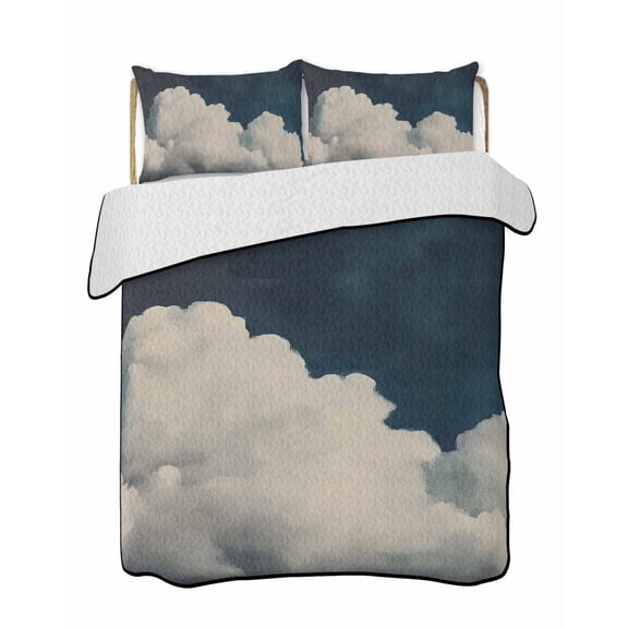 Fluffy Clouds Quilts Bedding Set Twin Size Dark Sky Abstract Nature Lightweight Quilted Bedspread 3 Piece Bed Quilt with 2 Pillow Shams All Season for Bedroom 68" x 86"