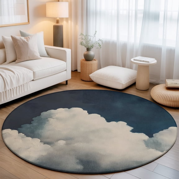Fluffy Clouds Round Living Room Rugs 6 ft, Dark Sky Abstract Nature Washable Area Rug with Non-Slip Sturdy Edge Binding Round Carpet for Kitchen Office Bedroom