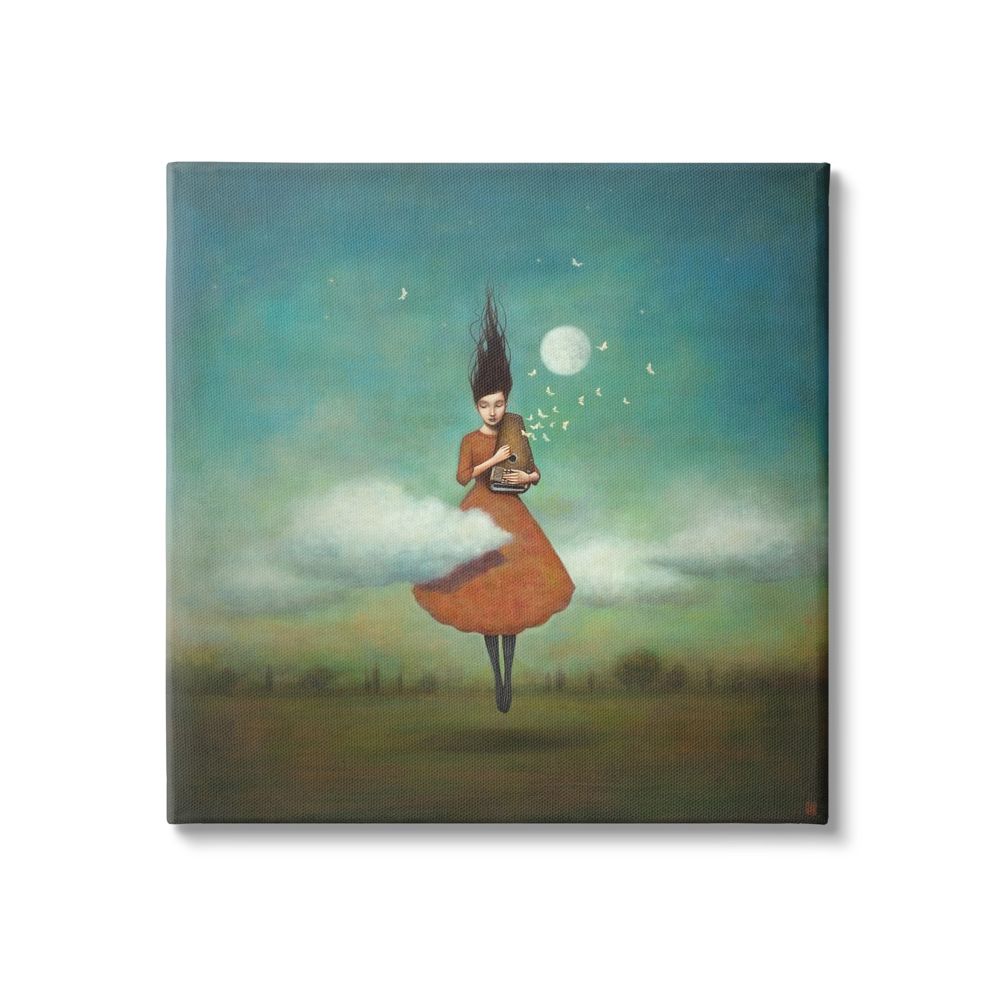 Fluffy Clouds Surrounding Floating Woman Red Dress Animals & Insects Painting Gallery-Wrapped Canvas Print Wall Art