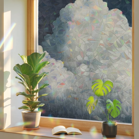 Fluffy Clouds Window Privacy Film, Dark Sky Abstract Nature Stained Glass Rainbow Film Decorative Window Clings, Static Cling Sun Blocking Stickers 17.7" x 39.3"