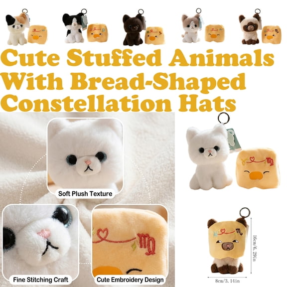 Fluffy Collectible Constellation Plushies, Cute Stuffed Cat Toys with Detachable Bread Hats, Lovely Desktop Ornament for Zodiac Lovers A