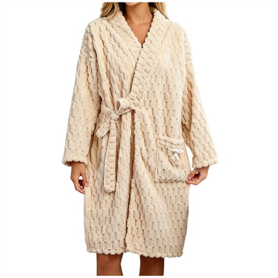 Fluffy Comfort Women Night Robe, Solid Mid Length Plush Wrap Bathrobe with Tie Belt, Bow Decoration and Pocket Versatile Loungewear Orange