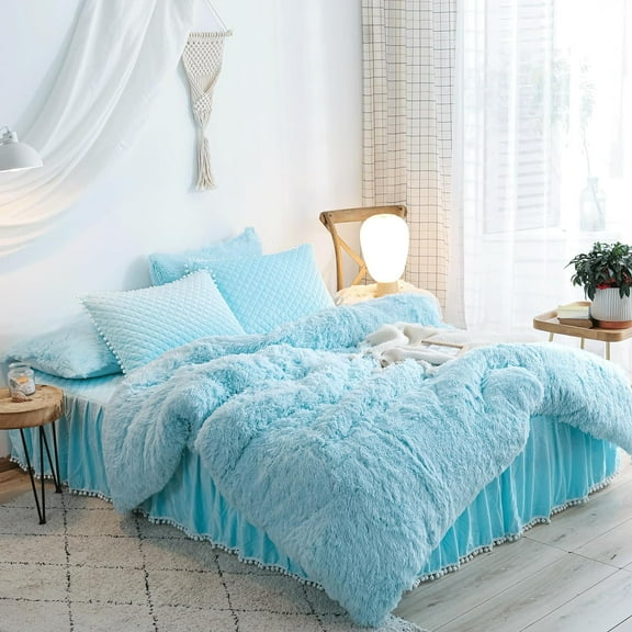 Fluffy Comforter Cover Queen, Plush Light Blue Bedding Set 1 Pieces (1 Fuzzy Queen Duvet Cover) Shaggy Blue Bed Set (Queen)