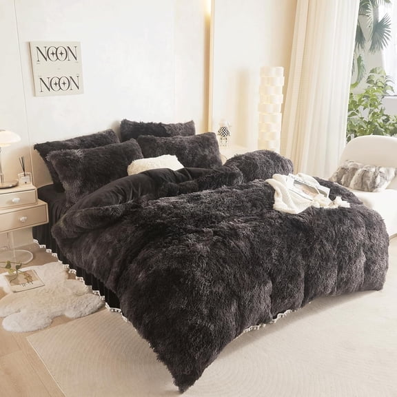 Fluffy Comforter Cover Set, Fluffy Plush Shaggy Duvet Cover 1 Pieces Set (1 Faux Fur Duvet Cover) Velvet Bedding Twin Bed Set,Zipper Closure (Tie Dye Black, Twin)