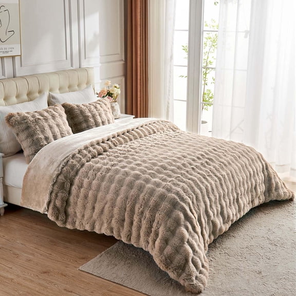Fluffy Comforter Cover Set Queen Size Rabbit Faux Fur Duvet Cover with Zipper Plush Bedding