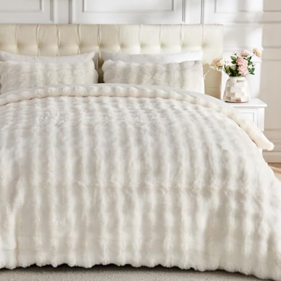 Fluffy Comforter Cover Set-Rabbit Fluff Faux Fur Duvet Cover Full SizeCream White Plush Fuzzy Furry Bedding Sets 3Pieces 1 Duvet Cover 2 Pillow Shams Zipper Closure