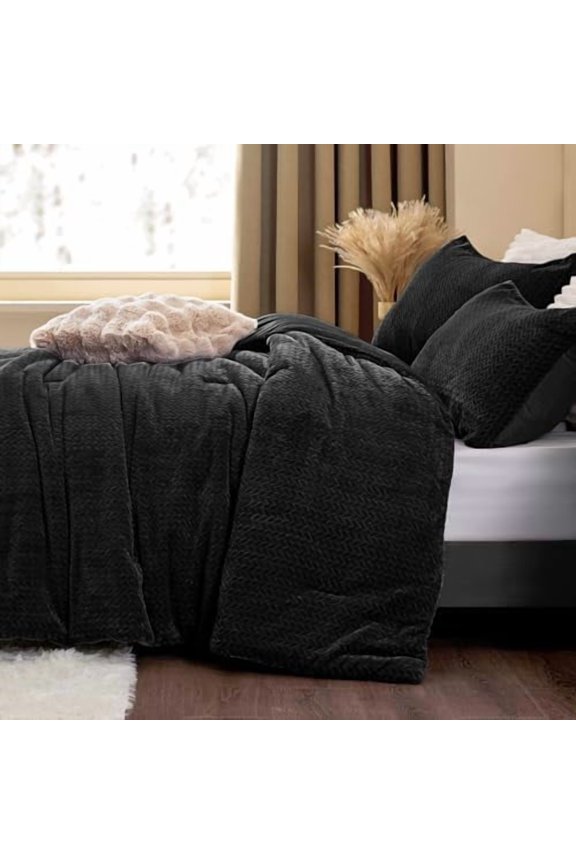 Fluffy Comforter King Set - Furry Black Leaves Pattern Faux Fur Bed Set, Winter Ultra Soft Fuzzy Comfort Set, Velvet Bedding Set for Bed with 2 Pillow Cases