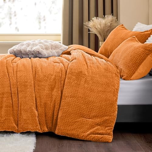 Fluffy Comforter King Set - Furry Burnt Orange Leaves Pattern Faux Fur Bed Set, Winter Ultra Soft Fuzzy Comfort Set, Velvet Bedding Set for Bed with 2 Pillow Cases