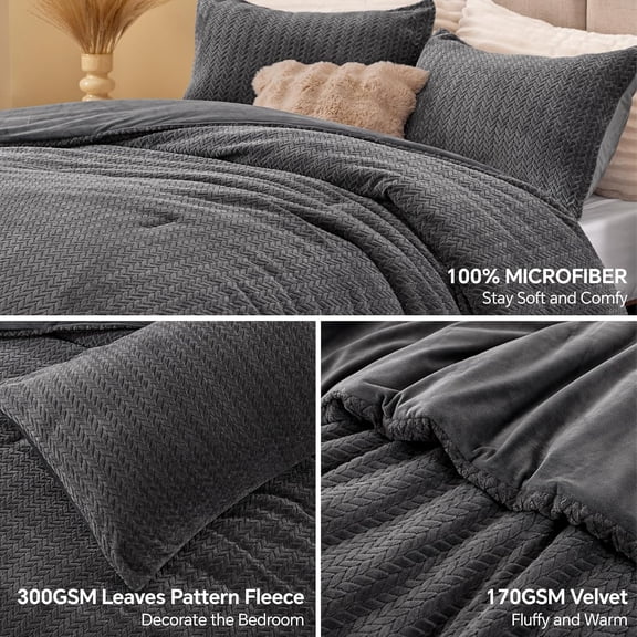 Fluffy Comforter King Set - Furry Grey Leaves Pattern Faux Fur Bed Set, Winter Ultra Soft Fuzzy Comfort Set, Velvet Bedding Set for Bed with 2 Pillow Cases