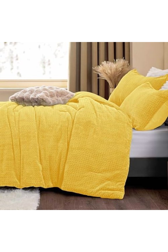 Fluffy Comforter King Set - Furry Yellow Leaves Pattern Faux Fur Bed Set, Winter Ultra Soft Fuzzy Comfort Set, Velvet Bedding Set for Bed with 2 Pillow Cases