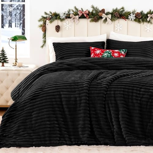 Fluffy Comforter Set King Size - Super Soft Faux Fur Stripe Jacquard Comforter 3 Pieces, Black Fleece Bedding Set,Winter Warm Bed Set,1 Comforter with 2 Pillowcases