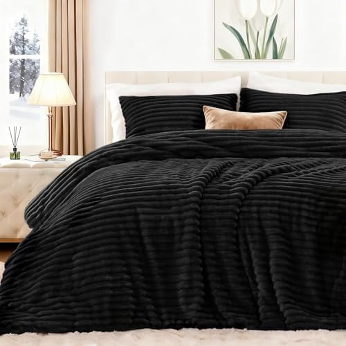 Fluffy Comforter Set King Size - Super Soft Faux Fur Stripe Jacquard Comforter 3 Pieces, Black Fleece Bedding Set,Winter Warm Bed Set,1 Comforter with 2 Pillowcases