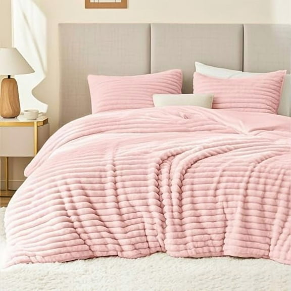 Fluffy Comforter Set King Size - Super Soft Faux Fur Stripe Jacquard Comforter 3 Pieces, Pink Fleece Bedding Set,Winter Warm Bed Set,1 Comforter with 2 Pillowcases