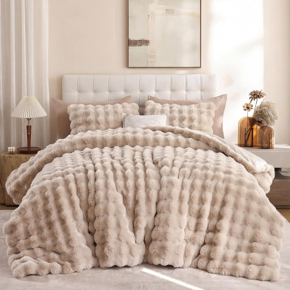 Fluffy Comforter Set Queen Size - Soft & Fuzzy Faux Fur Comforter, Ultra Plush White Comforter with Flannel Back, Warm Yet Lightweight Cozy Bedding Set
