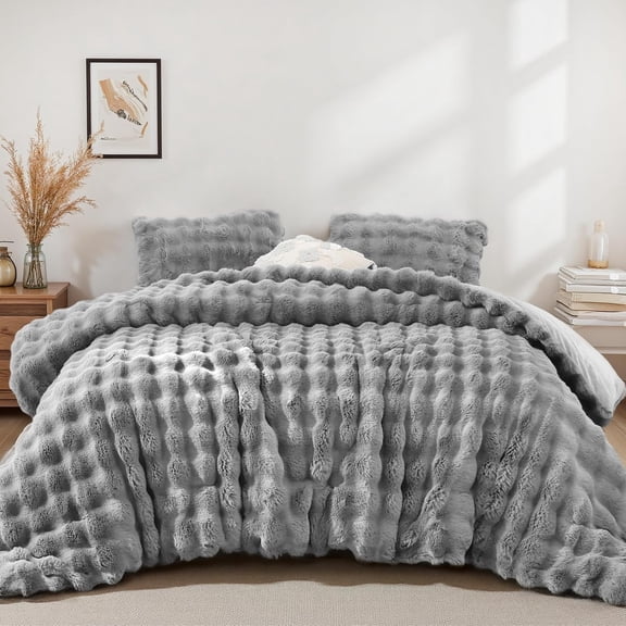 Fluffy Comforter Set Queen Size - Soft & Fuzzy Faux Fur Comforter, Ultra Plush White Comforter with Flannel Back, Warm Yet Lightweight Cozy Bedding Set