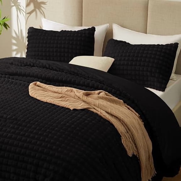 Fluffy Comforter Set Queen Size - Super Soft Faux Fur 3D Grid Jacquard Comforter 3 Pieces, Black Fleece Bedding Set,Winter Warm Bed Set,1 Comforter with 2 Pillowcases