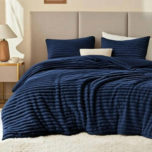 Fluffy Comforter Set Queen Size - Super Soft Faux Fur Stripe Jacquard Comforter 3 Pieces, Navy Blue Fleece Bedding Set,Winter Warm Bed Set,1 Comforter with 2 Pillowcases