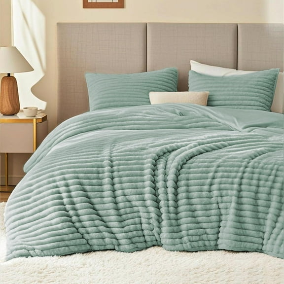 Fluffy Comforter Set Queen Size Super Soft Faux Fur Stripe Jacquard Comforter 3 Pieces, Sage Green Fleece Bedding Set,Winter Warm Bed Set,1 Comforter with 2 Pillowcases