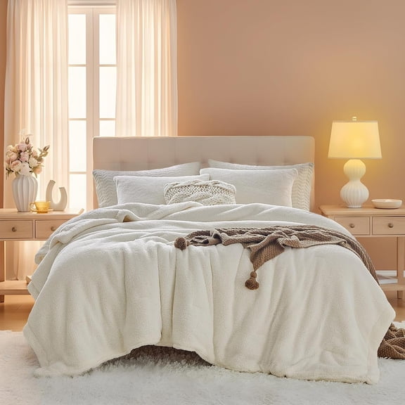 Fluffy  Comforter Set - Sherpa Comforter Set  Size Winter Use Warm Fleece Luxury 3 count  Comforter with 2 Pillow Shams Microfiber Plush Bed Set- Thanksgiving Choice