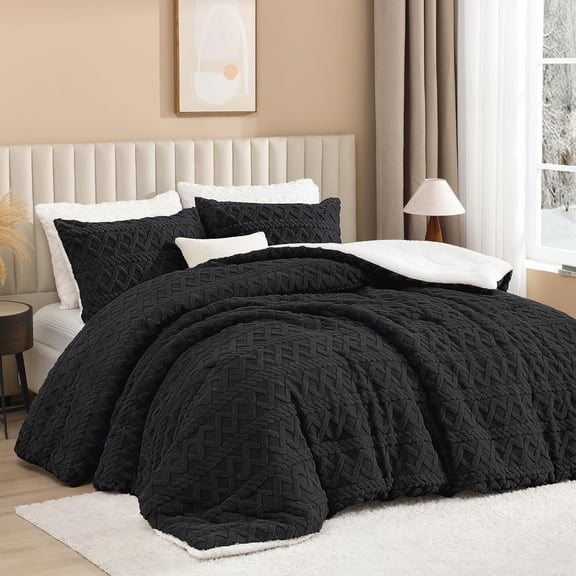 Fluffy Comforter Set Size, Black Sherpa Fleece Super Soft Warm Bedding for Winter, Luxury Boho Jacquard Thick Fuzzy Plush Bed Set 3 count(1 Shaggy Comforter, 2 Pillowcases)