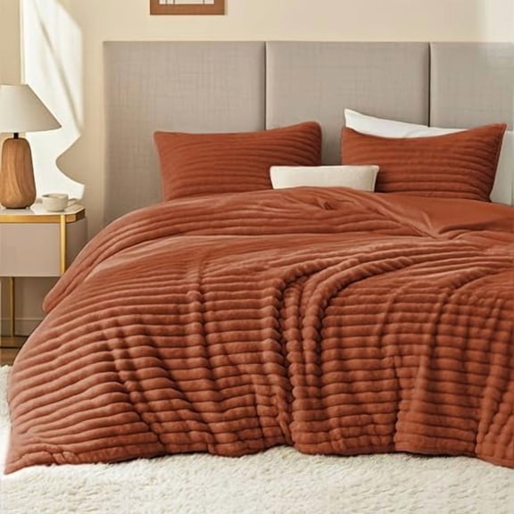 Fluffy Comforter Set Twin Size - Super Soft Faux Fur Stripe Jacquard Comforter 1 Pieces,Terracotta Fleece Bedding Set,Winter Warm Bed Set,1 Comforter with 1 Pillowcase