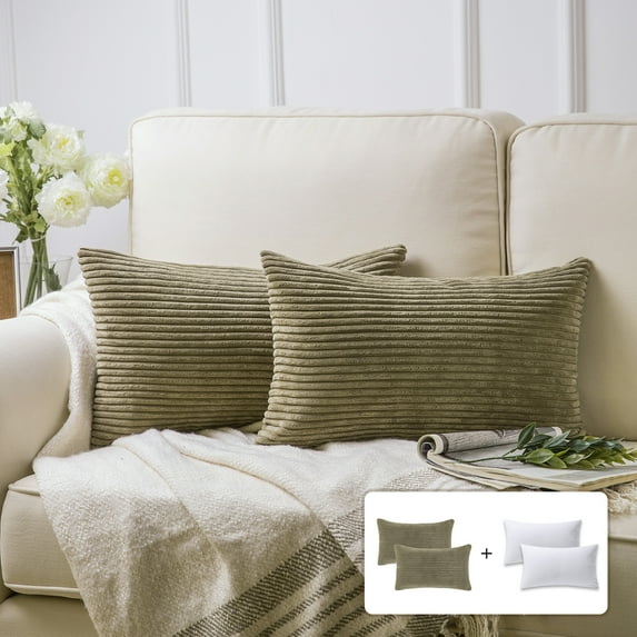 Fluffy Corduroy Velvet Solid Color Suqare Cusion Accent Decorative Throw Pillow for Couch, 12" x 20", Light Brown, 2 Pack