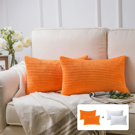 Fluffy Corduroy Velvet Solid Color Suqare Cusion Accent Decorative Throw Pillow for Couch, 12" x 20", Orange, 2 Pack