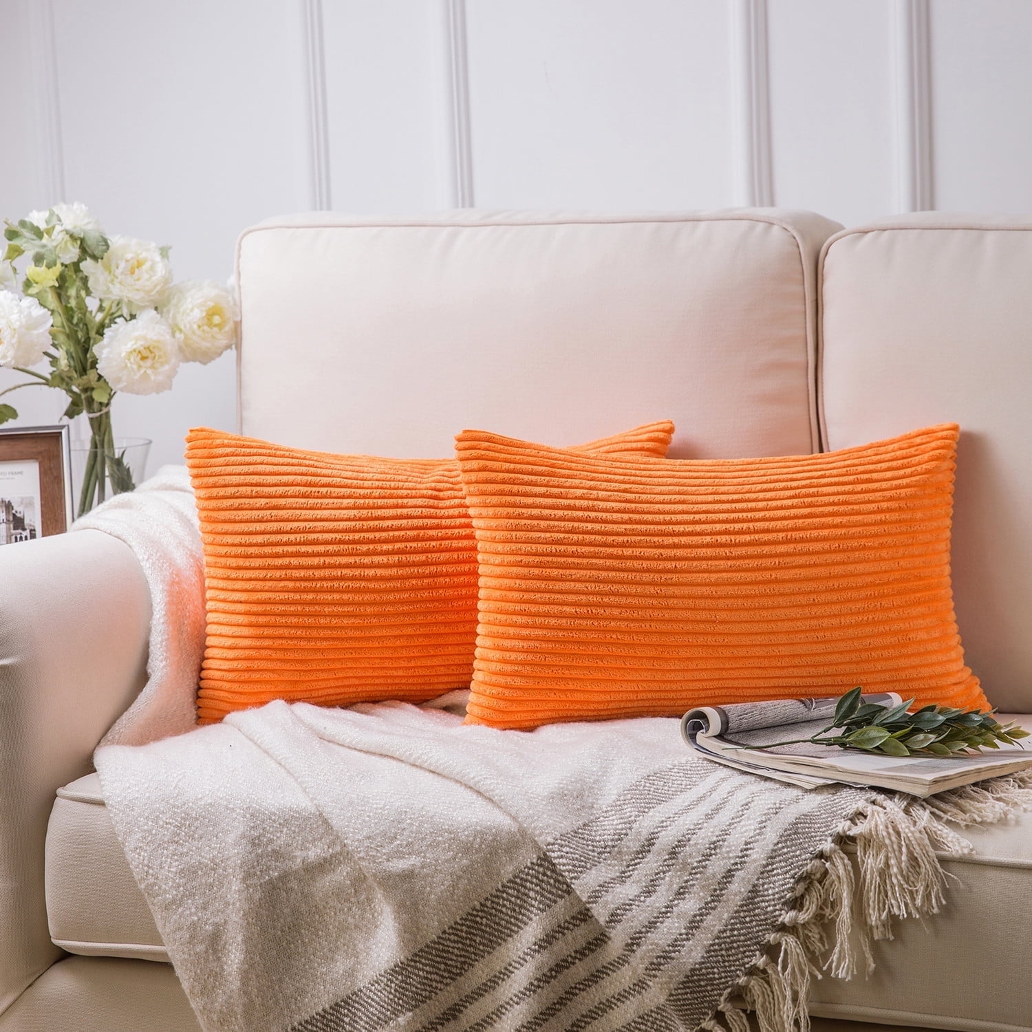 Phantoscope Corduroy Velvet Pillow Covers 12x20 Inches Orange