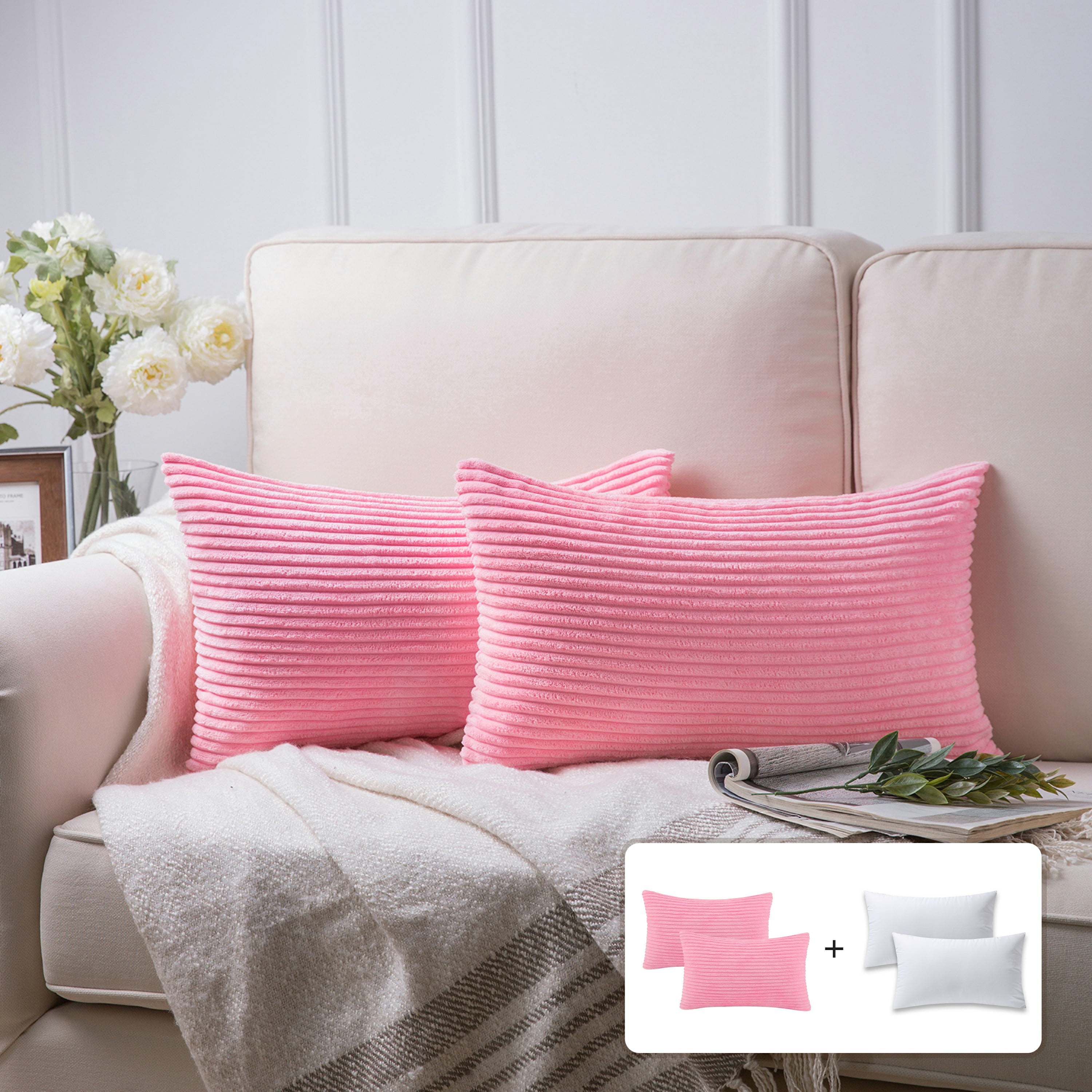 Fluffy Corduroy Velvet Solid Color Suqare Cusion Accent Decorative Throw Pillow for Couch, 12" x 20", Pink, 2 Pack