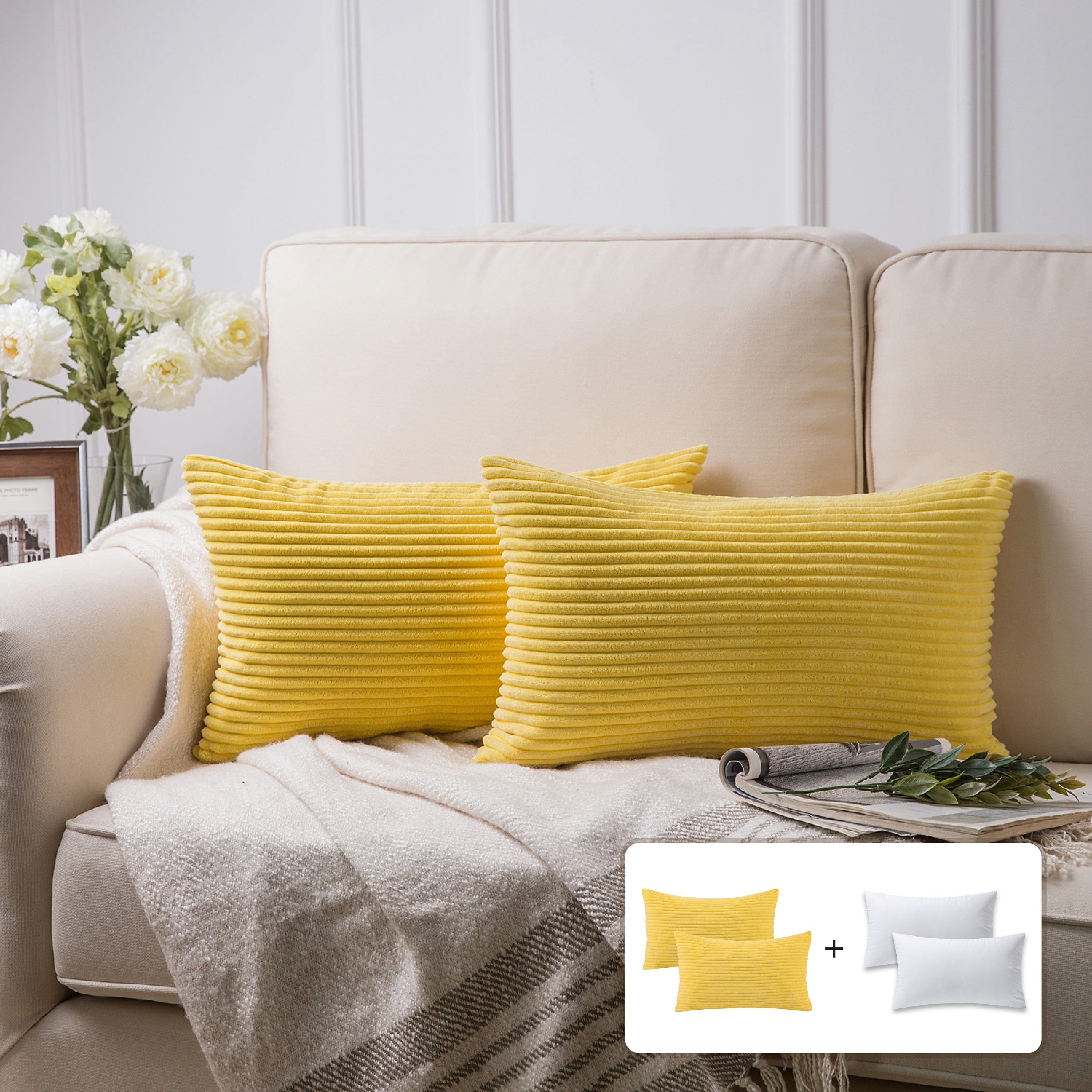 Fluffy Corduroy Velvet Solid Color Suqare Cusion Accent Decorative Throw Pillow for Couch, 12" x 20", Yellow, 2 Pack