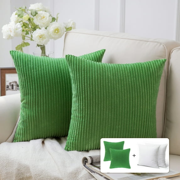 Fluffy Corduroy Velvet Solid Color Suqare Cusion Accent Decorative Throw Pillow for Couch, 18" x 18", Green, 2 Pack