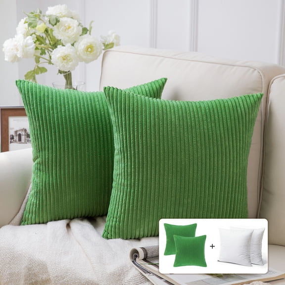 Fluffy Corduroy Velvet Solid Color Suqare Cusion Accent Decorative Throw Pillow for Couch, 18" x 18", Green, 2 Pack