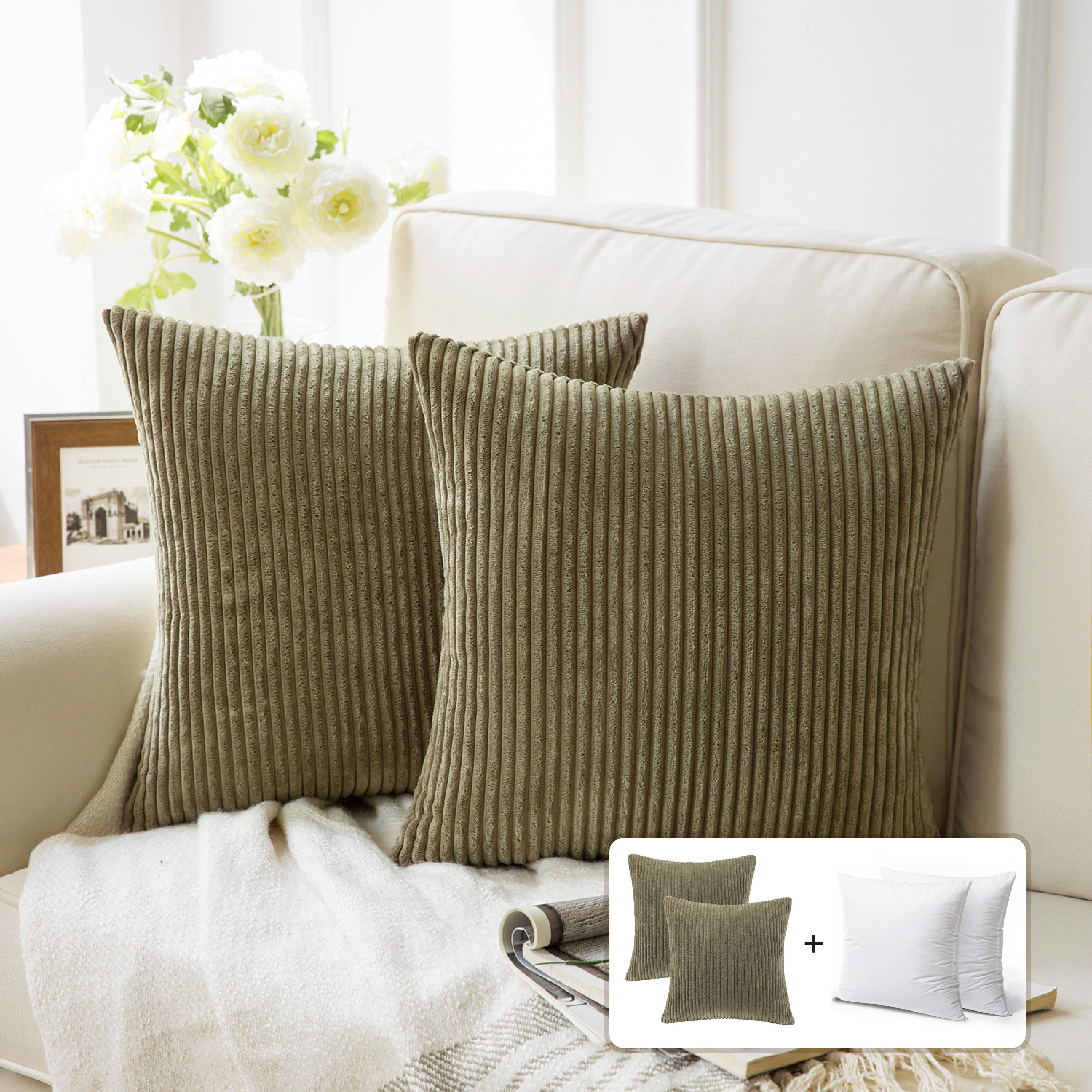 Fluffy Corduroy Velvet Solid Color Suqare Cusion Accent Decorative Throw Pillow for Couch, 18" x 18", Light Brown, 2 Pack
