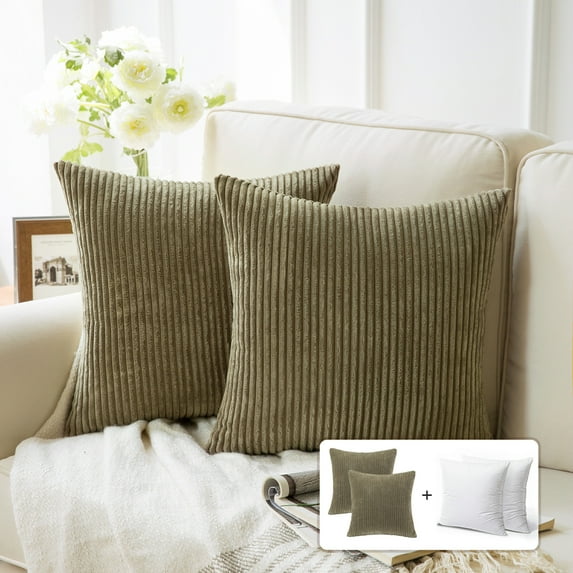 Fluffy Corduroy Velvet Solid Color Suqare Cusion Accent Decorative Throw Pillow for Couch, 18" x 18", Light Brown, 2 Pack