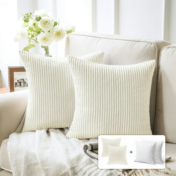 Fluffy Corduroy Velvet Solid Color Suqare Cusion Accent Decorative Throw Pillow for Couch, 18" x 18", Off White, 2 Pack
