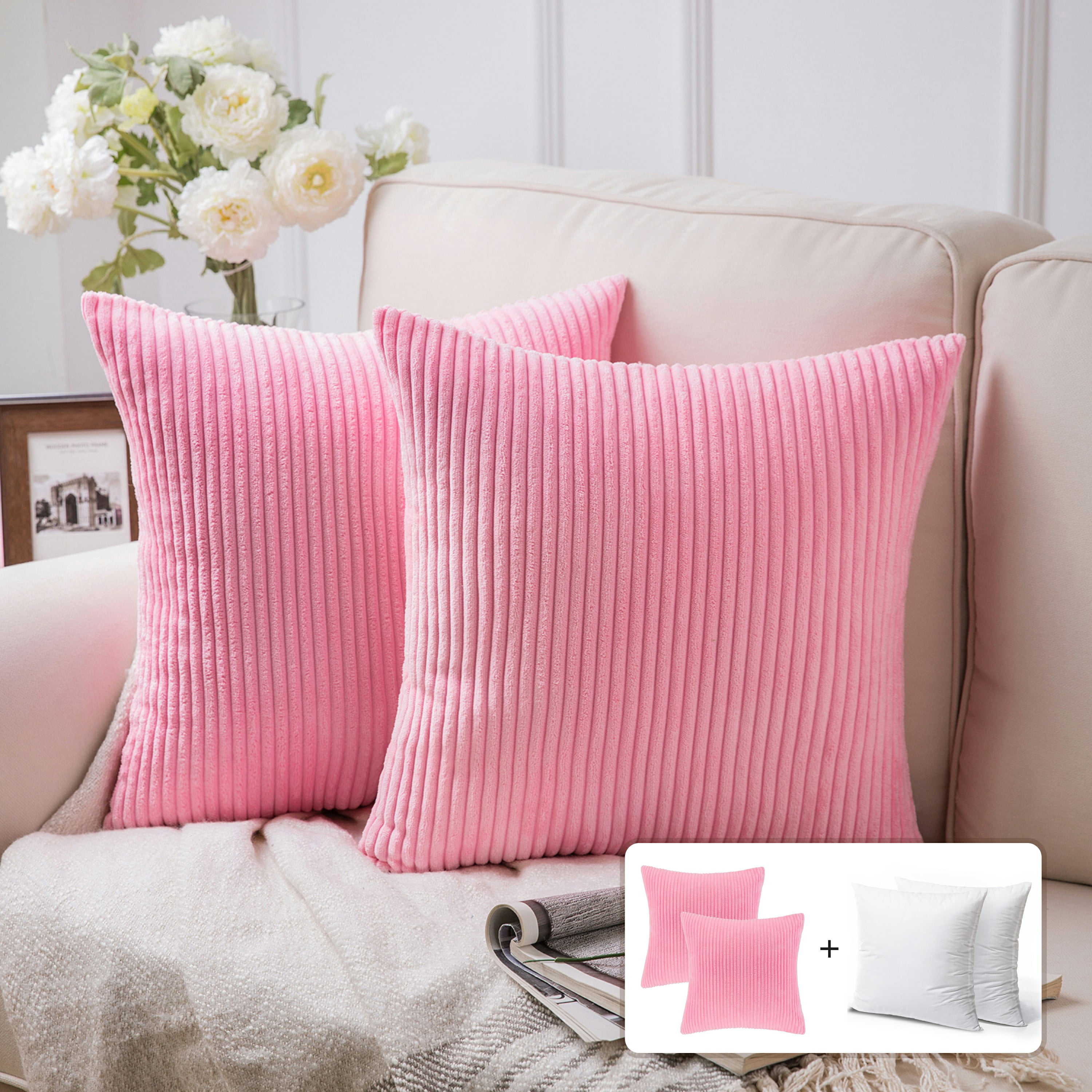 Fluffy Corduroy Velvet Solid Color Suqare Cusion Accent Decorative Throw Pillow for Couch, 18 inch x 18 inch, Pink, 2 Pack