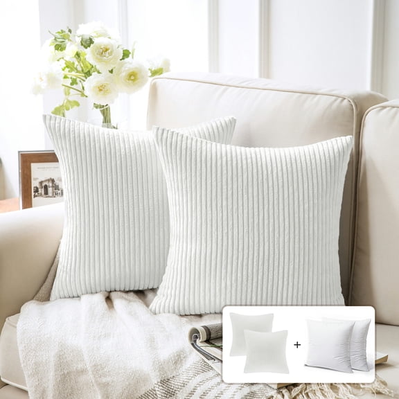 Fluffy Corduroy Velvet Solid Color Suqare Cusion Accent Decorative Throw Pillow for Couch, 18" x 18", White, 2 Pack
