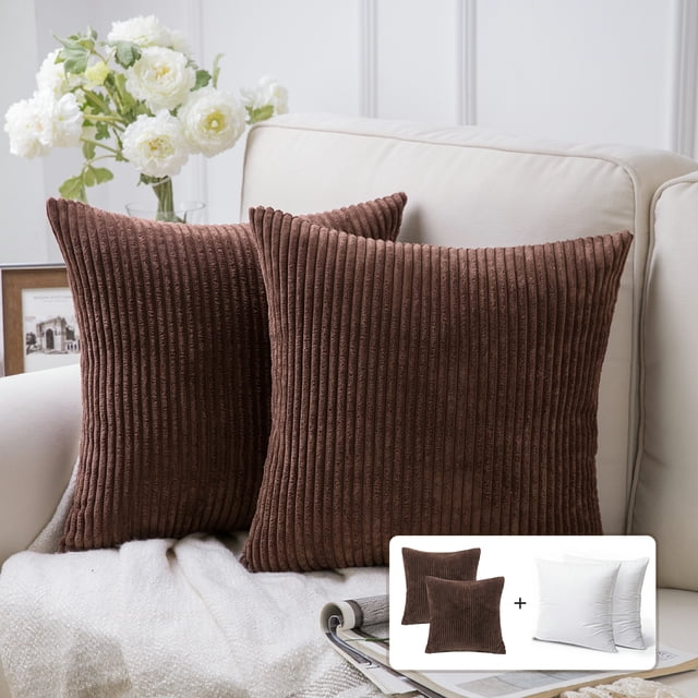 Fluffy Corduroy Velvet Solid Color Suqare Cusion Accent Decorative Throw Pillow for Couch, 20" x 20", Dark Brown, 2 Pack