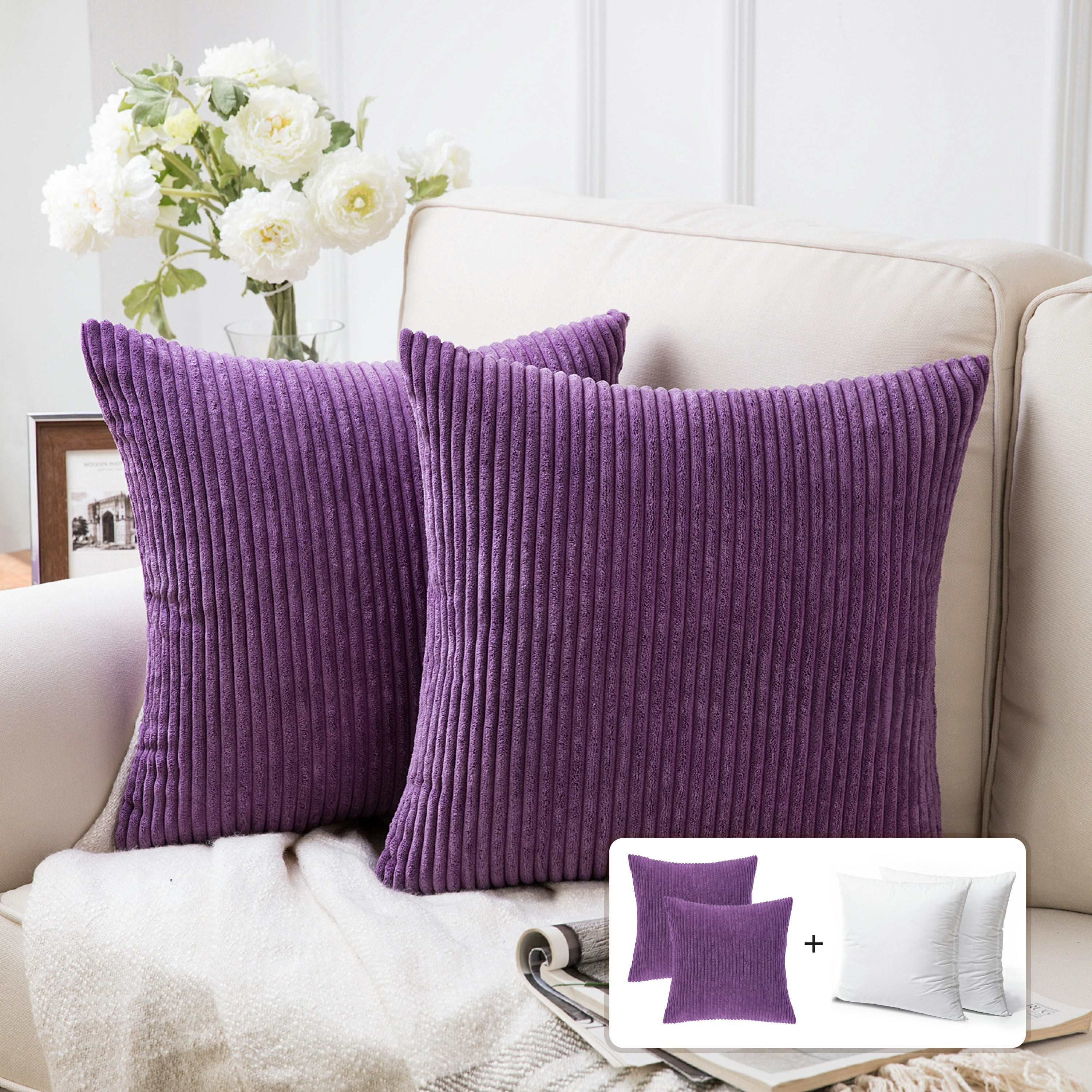 Fluffy Corduroy Velvet Solid Color Suqare Cusion Accent Decorative Throw Pillow for Couch, 20" x 20", Purple, 2 Pack