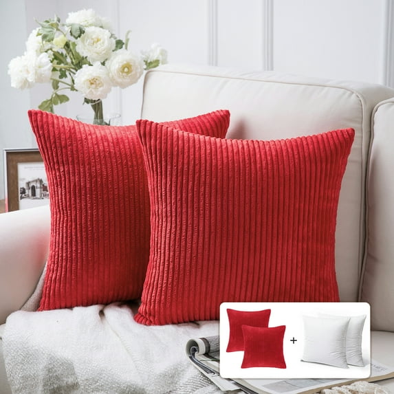 Fluffy Corduroy Velvet Solid Color Suqare Cusion Accent Decorative Throw Pillow for Couch, 20" x 20", Red, 2 Pack