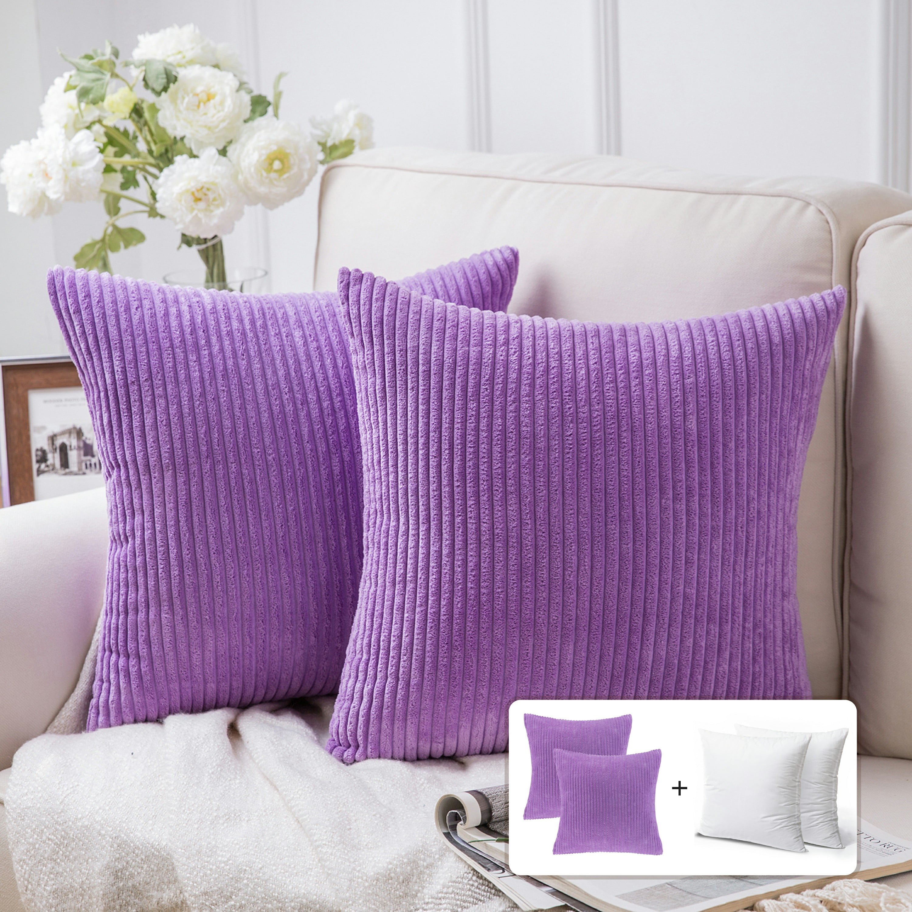 Fluffy Corduroy Velvet Solid Color Suqare Cusion Accent Decorative Throw Pillow for Couch, 20" x 20", Violet, 2 Pack