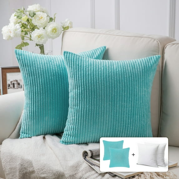 Fluffy Corduroy Velvet Solid Color Suqare Cusion Accent Decorative Throw Pillow for Couch, 22" x 22", Aqua, 2 Pack