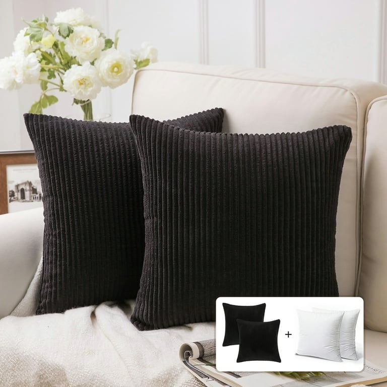 Fluffy Corduroy Velvet Solid Color Suqare Cusion Accent Decorative Throw  Pillow for Couch, 12 x 20, Black, 2 Pack 