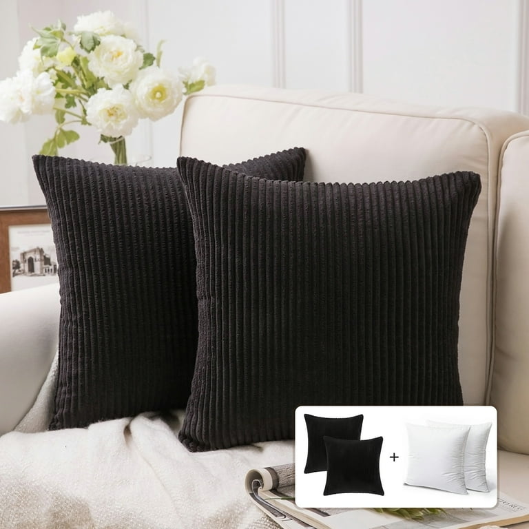 Fluffy Corduroy Velvet Solid Color Suqare Cusion Accent Decorative Throw  Pillow for Couch, 12 x 20, Black, 2 Pack