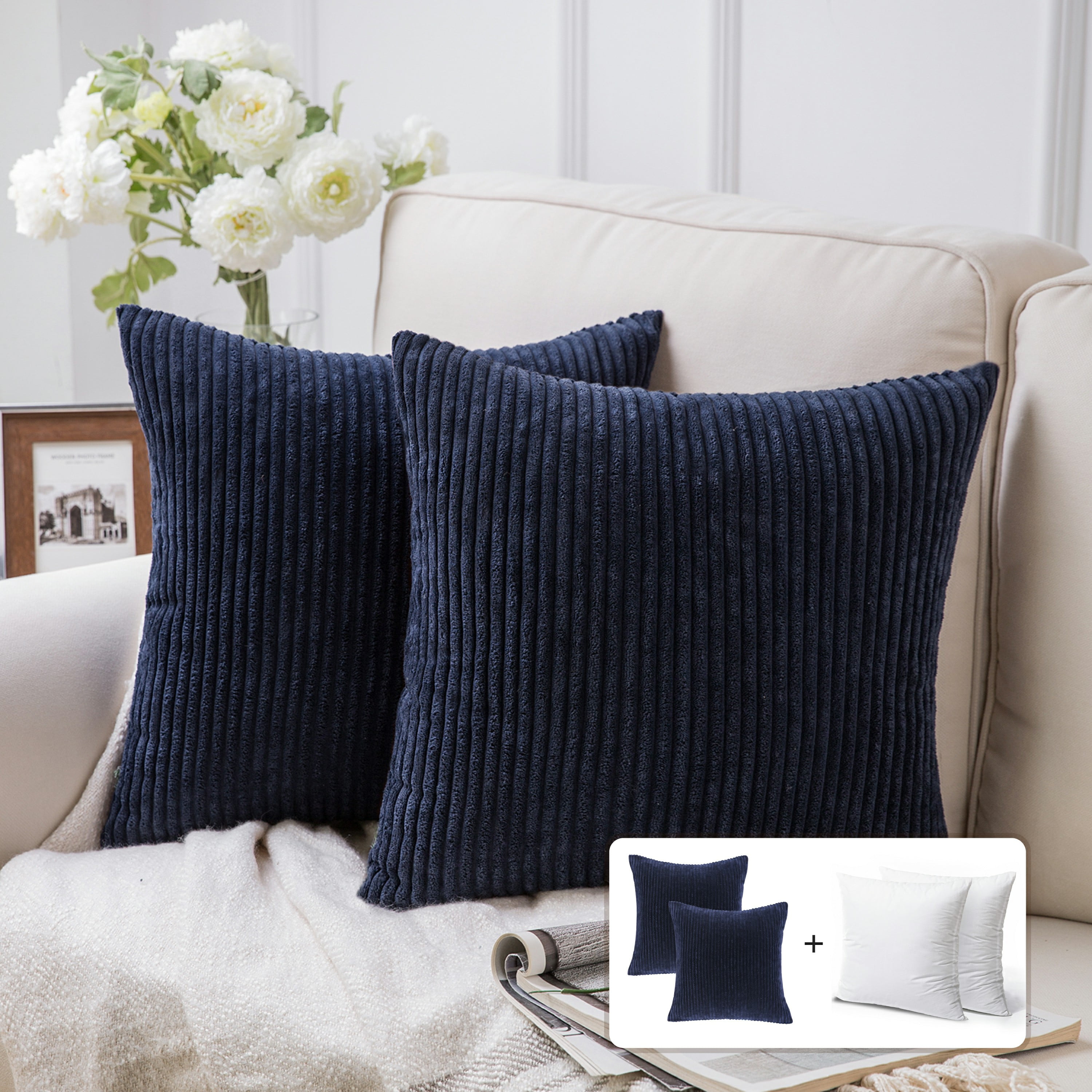 Fluffy Corduroy Velvet Solid Color Suqare Cusion Accent Decorative Throw Pillow for Couch 22 x 22