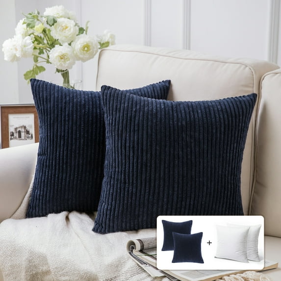 Fluffy Corduroy Velvet Solid Color Suqare Cusion Accent Decorative Throw Pillow for Couch, 22" x 22", Navy Blue, 2 Pack