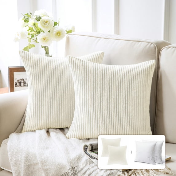 Fluffy Corduroy Velvet Solid Color Suqare Cusion Accent Decorative Throw Pillow for Couch, 22" x 22", Off White, 2 Pack