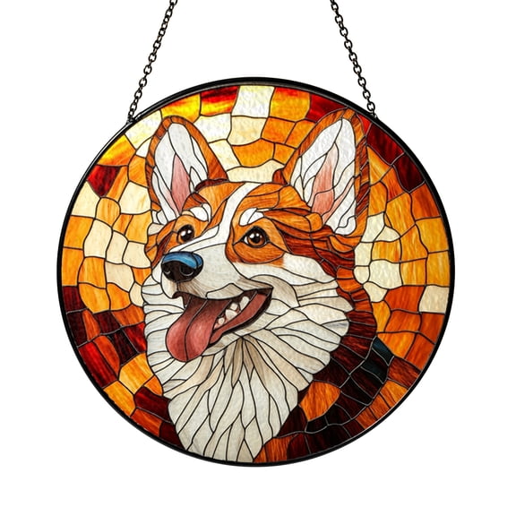 Fluffy Corgi Dog Portrait Stained Glass Window Panel, Cheerful Canine Art Decor Accent for Cozy Homes and Dog Loving Living Spaces